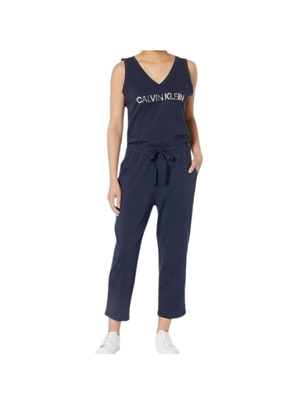 Calvin Klein Rhinestone Logo V-neck Sleeveless Jumpsuit Romper Blue Jersey L